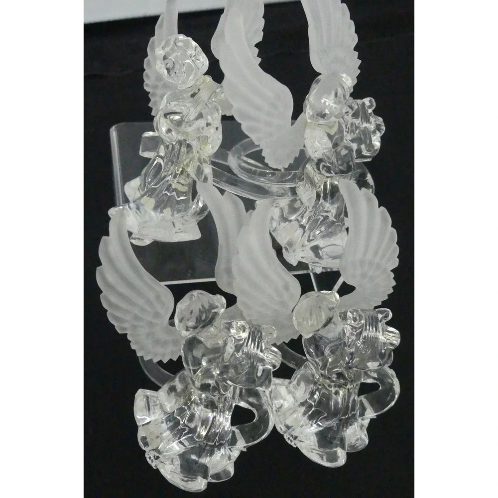 Set of 4 Vintage Clear Acrylic Angel Napkin Rings Frosted Wings Musical Cherubs